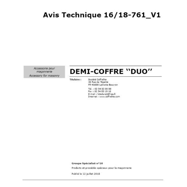 Avis technique Coffre demi Tunnel